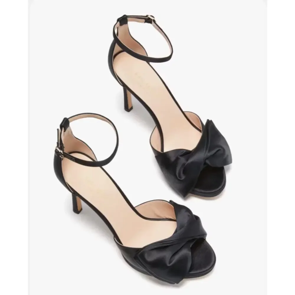 Kate Spade Bridal Bow Ankle Strap Sandals Heels Black Satin Size 8.5 NIB Wedding